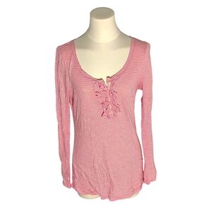 Vintage Old Navy Pink White Striped Ruffled Front Long Sleeve Tee Size Medium